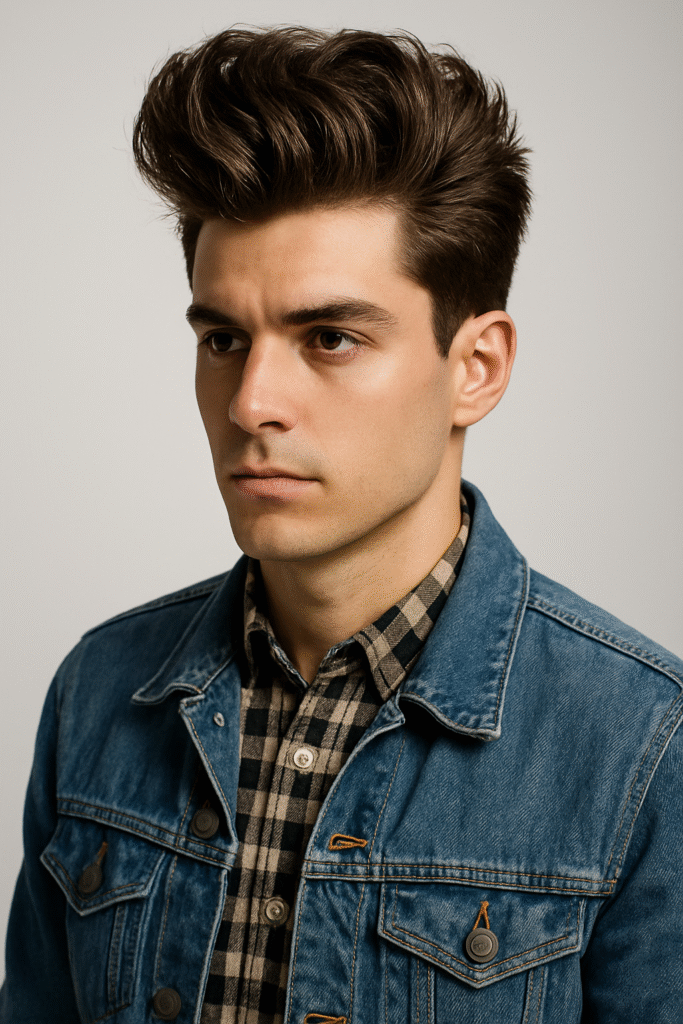 A medium shot of a young man with voluminous, dark brown hair styled in a pompadour, looking to his left with a serious and slightly pensive expression. He is wearing an open blue denim jacket over a plaid shirt with shades of beige and black. The background is a plain, light gray, providing a clean contrast to the subject.