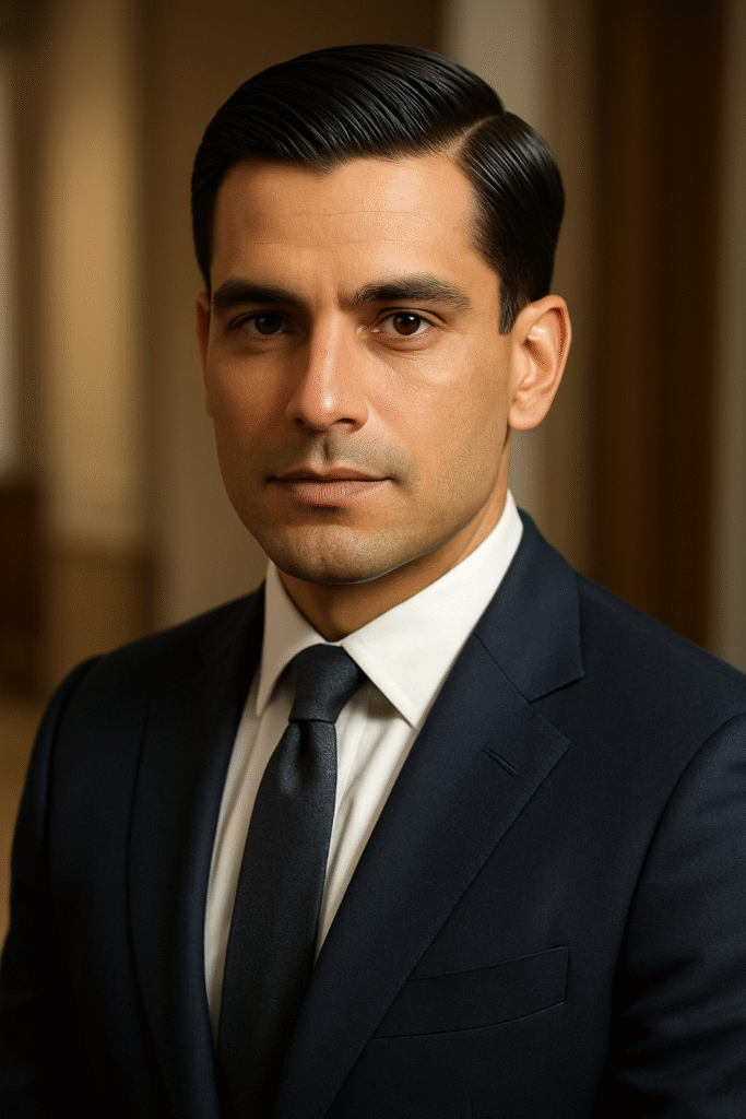 A headshot of a well-groomed man with dark, neatly combed hair parted to the side, looking directly at the viewer with a serious expression. He is wearing a dark suit, a crisp white collared shirt, and a dark tie. The lighting is soft, highlighting his facial features. The background is blurred, showing warm, neutral tones, possibly an indoor office or formal setting.