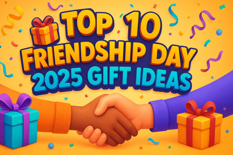 A vibrant image on a bright orange background with scattered colorful confetti and curling ribbons. The top features the text "TOP 10 FRIENDSHIP DAY 2025 GIFT IDEAS" in large, colorful 3D letters, with a red gift box with a yellow ribbon to the left of "TOP 10". Below the text, two hands, one dark-skinned with an orange sleeve and one light-skinned with a blue sleeve, are clasped in a handshake. In the bottom left corner, there's a blue gift box with a purple ribbon, and in the bottom right, a yellow gift box with a red ribbon.