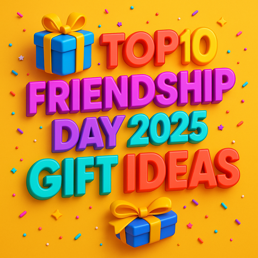 A vibrant image on a bright orange background with scattered colorful confetti and stars, featuring the text "TOP 10 FRIENDSHIP DAY 2025 GIFT IDEAS" in large, colorful 3D letters. At the top left, there is a blue gift box with a yellow ribbon, and at the bottom, there is another smaller blue gift box with a yellow ribbon.