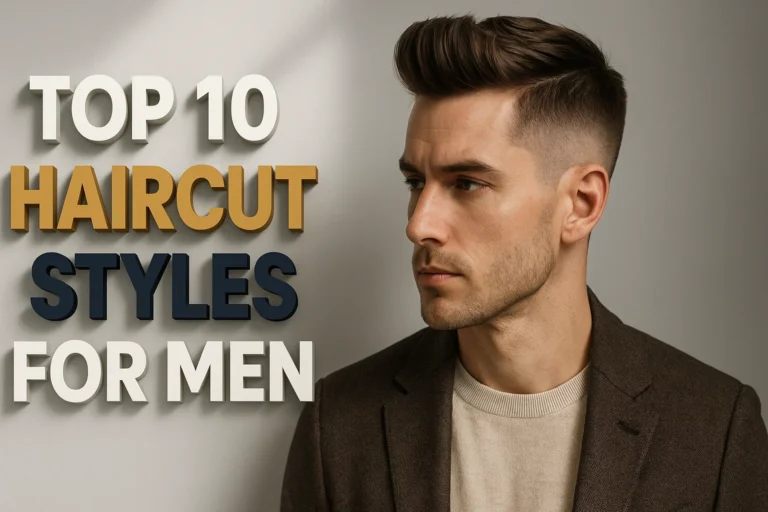 A man with a modern haircut featuring a high quiff and faded sides is shown from the chest up, looking to his left with a serious expression. He has short facial hair and is wearing a dark brown blazer over a light cream or beige crew-neck sweater. To his left, large 3D text on a light gray background reads "TOP 10" in white, "HAIRCUT" in gold, "STYLES" in dark blue, and "FOR MEN" in white, all with subtle shadows.