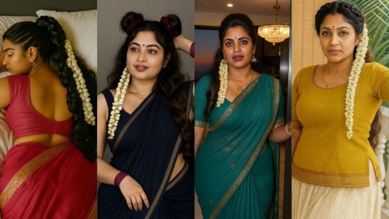 A four-panel collage showcasing different hairstyles on women, each featuring jasmine flowers. The first panel on the far left shows a woman from a high angle, lying on her side with her back slightly turned. She wears a red blouse and saree with a gold border. Her long black hair is styled in a thick braid adorned with a string of white jasmine flowers. Intricate cornrows are visible on the side of her head. The second panel from the left features a woman facing forward, with her hands near her head, adjusting her hair. Her long, dark wavy hair is styled into two high buns with some loose strands. She has a string of jasmine flowers draped over her left shoulder and wears a dark blue saree. She has a bindi on her forehead and a nose ring. The third panel from the left displays a woman in a teal green saree with a gold border, standing indoors. Her dark hair is styled into an elegant low bun with a side part, and a string of jasmine flowers is draped over her right shoulder. She wears gold earrings and a necklace, and has subtle makeup. A chandelier is visible in the background. The fourth panel on the far right shows a woman standing outdoors, looking forward. She wears a mustard yellow top with red trim and a cream-colored skirt. Her dark hair is styled in two long braids draped over her shoulders, each adorned with a string of jasmine flowers. Green foliage is visible in the blurred background.