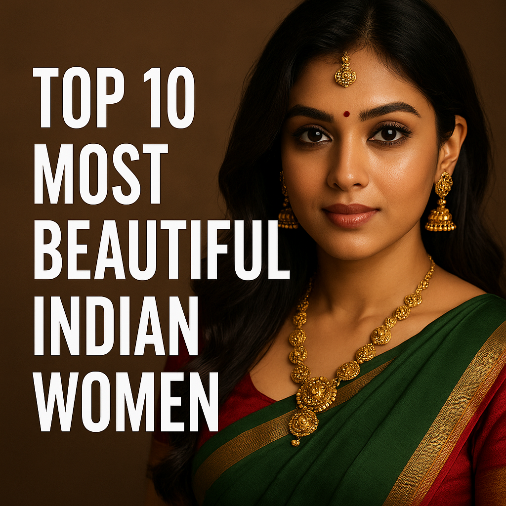 A headshot of a beautiful Indian woman with dark hair, wearing traditional Indian jewelry including a gold necklace, matching jhumka earrings, and a maang tikka on her forehead. She has a small red bindi and subtle makeup. She is wearing a green saree with a gold border draped over a red blouse. Her gaze is directed towards the viewer with a serene expression. The text "TOP 10 MOST BEAUTIFUL INDIAN WOMEN" is prominently displayed in white, sans-serif font on the left side of the image against a dark background.