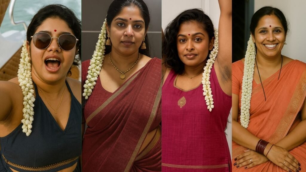 A four-panel collage of portraits of women, each adorned with white jasmine flowers in their hair. Panel 1 (Top Left): A woman with curly hair and sunglasses, mouth open in a lively expression, wearing a dark halter top. A long string of jasmine flowers hangs from her left ear. She has a red bindi on her forehead. The background suggests a boat. Panel 2 (Top Right): A woman with her hair pulled back, wearing a maroon-red saree with a gold border and a matching blouse. A string of jasmine flowers is draped over her left shoulder. She has a gold necklace, earrings, and a red bindi. She looks directly at the viewer with a neutral expression. Panel 3 (Bottom Left): A woman with dark, curly hair and a red bindi on her forehead, wearing a magenta sleeveless top with a gold embroidered design. Her arms are raised, revealing her armpits, and a long string of jasmine flowers hangs from her left ear. She has a subtle gold necklace and looks directly at the viewer. Panel 4 (Bottom Right): A smiling woman with her hair pulled back, wearing an orange saree with a gold patterned border and a matching short-sleeved blouse. A long string of jasmine flowers hangs from her left shoulder. She has a red bindi, a thin black necklace, a gold earring, red bangles, and a ring. Her hands are clasped in her lap.