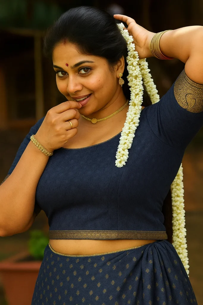 An Indian woman with a wide smile, looking directly at the viewer. Her dark hair is adorned with a long string of white jasmine flowers that cascade over her right shoulder. She is wearing a dark blue blouse or top with a gold border on the sleeves and a gold band around the waist. Her right hand is near her mouth, and her left arm is raised with golden bangles on her wrist. She also wears a gold necklace and gold jhumka earrings. A small red bindi is on her forehead. The background is blurred, showing a rustic outdoor setting with hints of green foliage and a red-brown building.