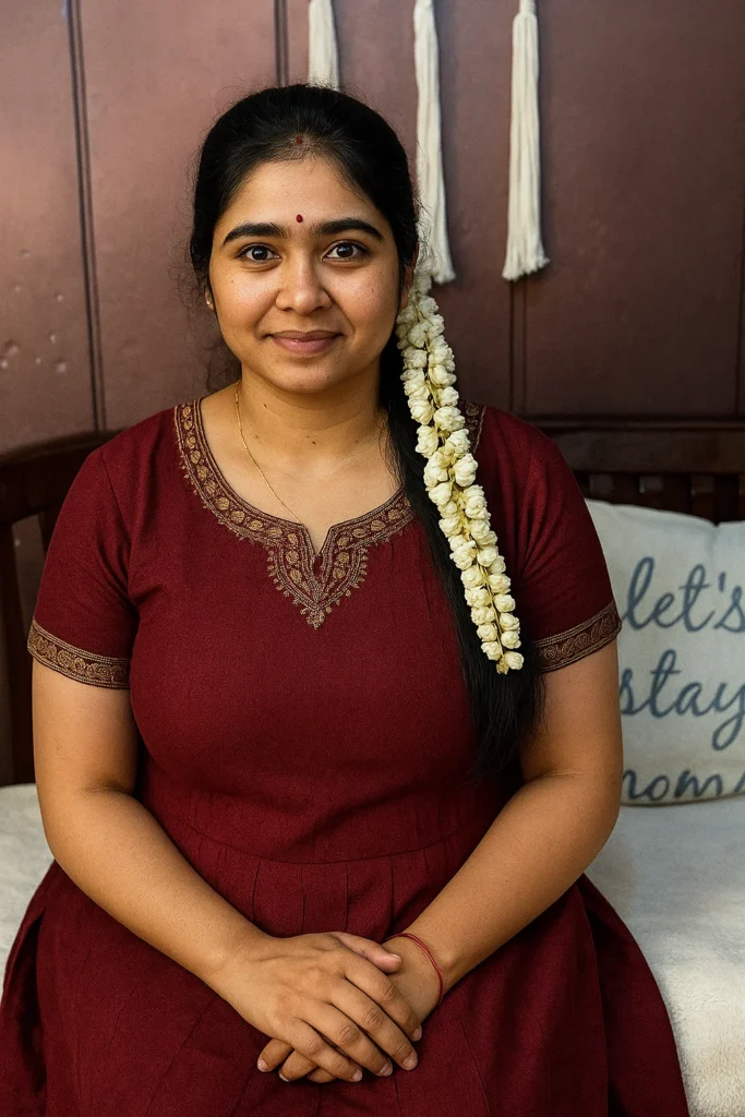 An Indian woman with a serene expression, looking slightly to her left, with her hands clasped in front of her. She has dark hair adorned with a long string of white jasmine flowers cascading over her left shoulder. She is wearing a deep maroon dress with a V-neckline featuring a gold and brown embroidered pattern, and short sleeves with a matching embroidered border. A small red bindi is on her forehead. She is seated on a dark wooden bench or bed, with a white pillow with blue text visible behind her on the right. In the blurred background, there's a dark wooden wall and white decorative tassels hanging.