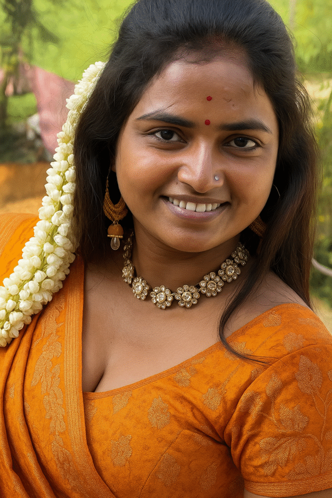 A smiling Indian woman with dark hair, looking directly at the viewer. She is wearing an orange saree with golden patterns and a matching blouse that reveals a hint of cleavage. Her hair is adorned with a long string of white jasmine flowers draped over her left shoulder and down her chest. She wears a silver choker necklace with a central red stone, and a large gold earring in her right ear. A prominent red bindi is on her forehead, with a few smaller red dots below it, and a silver nose stud. The background is blurred, showing green foliage and hints of a structure.