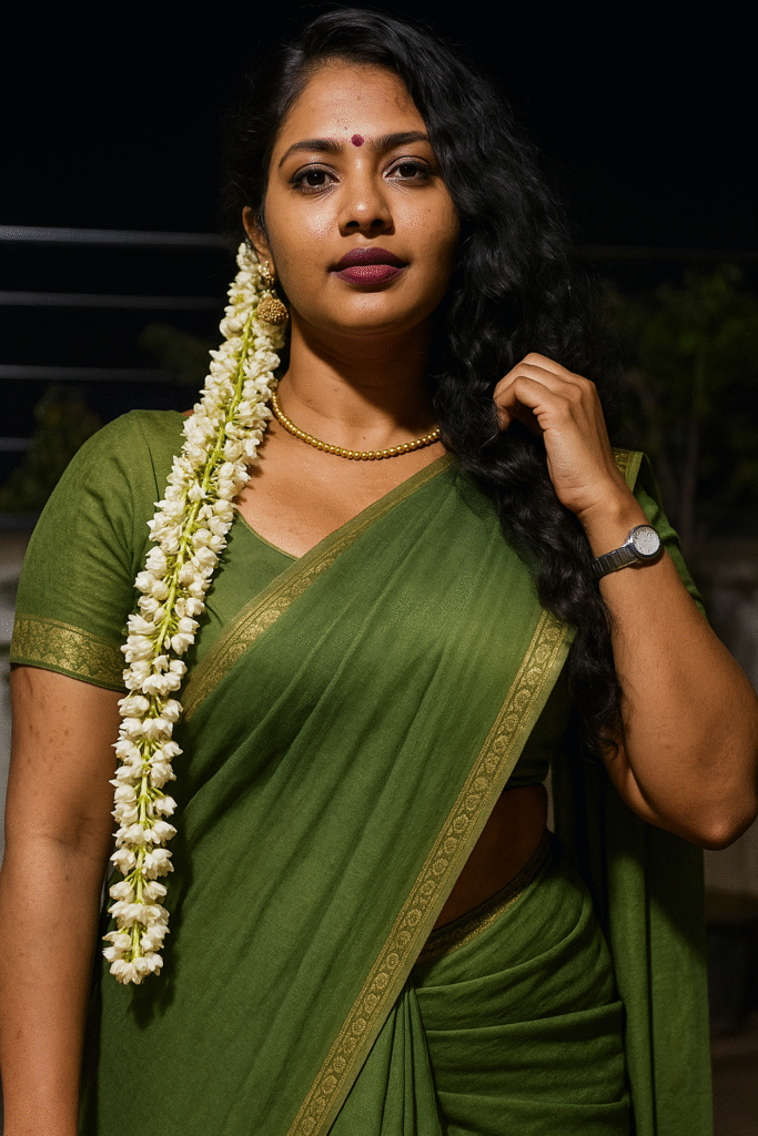 A young Indian woman with dark, wavy hair, adorned with a long string of white jasmine flowers cascading over her left shoulder, stands with a dark background. She is wearing a deep olive-green saree with a golden patterned border and a matching short-sleeved blouse. She has a gold beaded necklace around her neck, a gold jhumka earring in her right ear, and a silver-toned watch on her left wrist. Her right hand is gently touching her hair. She is looking directly at the viewer with a thoughtful expression. A small red bindi is visible on her forehead, and her lips are painted with a dark plum lipstick. The background is dark and indistinct, suggesting an evening or indoor setting.