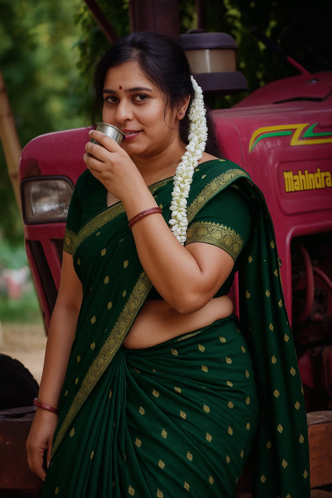 An Indian woman with long, dark, wavy hair, wearing a vibrant yellow saree with a gold border, is seated on a dark grey or black platform. Her left arm is bent, and her hand is supporting her chin, while her right arm is also bent with white bangles on her wrist. A long string of white flowers is draped over her left shoulder and down her back. She is looking towards the viewer with a coy expression. The background is a blurred, light-colored paved area with some indistinct structures in the far background, possibly train cars.