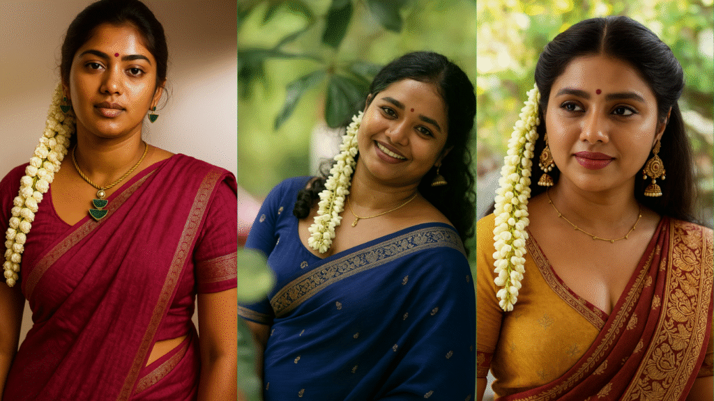 Three side-by-side portraits of Indian women adorned with white jasmine flowers in their hair, showcasing traditional attire and warm expressions. On the left, a woman in a dark red saree with gold patterns wears green and gold jewelry and a bindi, looking straight ahead. In the center, a woman in a blue saree with gold trim smiles broadly, looking directly at the viewer. On the right, a woman in a mustard yellow and maroon saree with gold patterns, wearing gold jhumka earrings and a delicate necklace, smiles softly while looking slightly to her right. All three women have their dark hair adorned with long strings of white jasmine flowers cascading over their left shoulders.