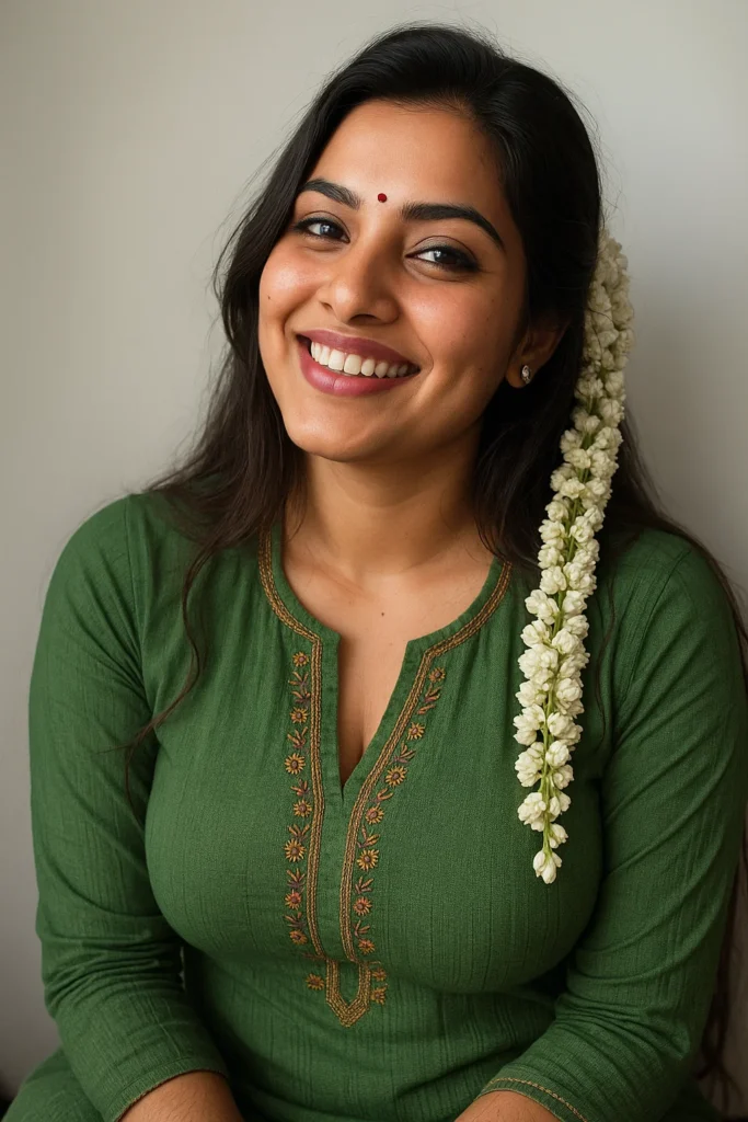 A medium shot captures a woman looking at the camera with a pleasant smile, her head tilted slightly to her right and her left hand near her cheek. She has long, dark hair, with a thick string of white jasmine flowers draped over her left shoulder and cascading down. She is wearing a deep green saree with a gold patterned border, and a dark, possibly maroon, blouse that shows a hint of cleavage. A delicate gold chain with a small pendant is visible around her neck. Several dark bangles are on her left wrist. A small red bindi adorns her forehead, and a subtle line of red vermilion is visible in her hair part. The background is blurred and dark.