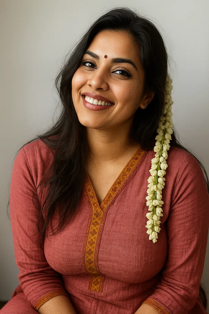 A medium shot captures a woman looking at the camera with a cheerful smile, revealing her teeth. She has long, dark hair, with a thick string of white jasmine flowers draped over her left shoulder and cascading down. She is wearing a purple saree with gold and green patterns, and a dark gold blouse. Her hands are clasped together in front of her, and she holds a white rose in her left hand. Several red bangles are visible on her left wrist, and a delicate gold bracelet is on her right. A small red bindi adorns her forehead, and a subtle line of red vermilion is visible in her hair part. The background is completely dark.