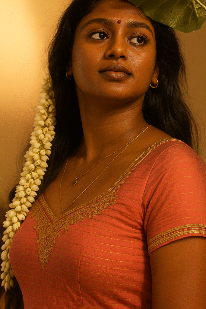 A woman with long, dark hair, adorned with a string of white flowers draped over her left shoulder, is looking slightly upwards and to the right. She is wearing an orange-pink blouse with a deep V-neckline, featuring intricate gold embroidery around the neck and subtle horizontal gold stripes on the fabric. A red bindi is prominently placed on her forehead. She is wearing two delicate gold necklaces, one with a small circular pendant, and small gold hoop earrings. The lighting appears warm, and a blurred leaf is visible at the top right of the frame.