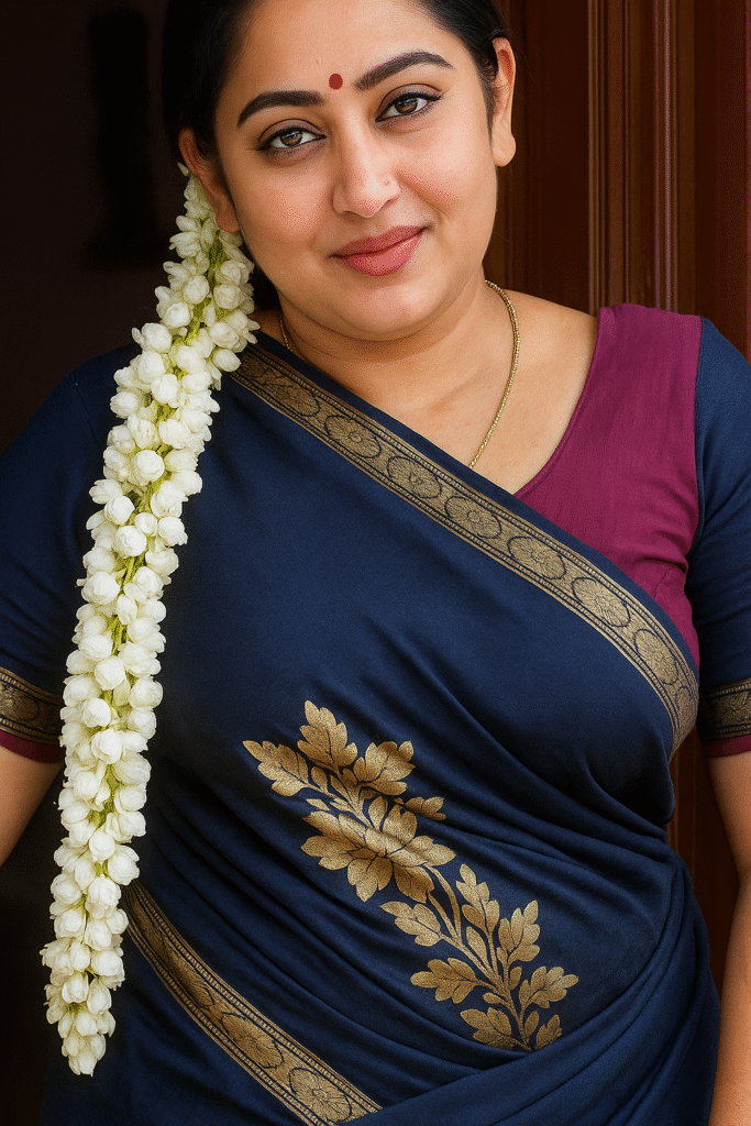 A medium close-up shot of an Indian woman, looking towards the viewer with a slight smile. She is wearing a navy blue sari with a gold and black patterned border and large gold leaf motifs on the pallu, draped over a maroon blouse. Her dark hair is pulled back, with a long string of white jasmine flowers draped over her left shoulder. She has a red bindi on her forehead and a thin gold chain around her neck. Her dark eyes are looking directly at the camera, and her lips are a subtle pinkish-red. The background is a blurred, dark brown, possibly a doorway.
