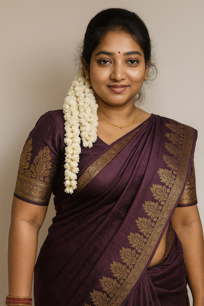 A woman with dark hair pulled back and adorned with a long string of white jasmine flowers cascading down her left side. She is wearing a deep plum or dark purple saree with a wide gold patterned border and a matching short-sleeved blouse. A small red bindi is visible on her forehead. She has a delicate gold chain around her neck and a small gold earring in her right ear. Multiple red bangles are visible on her left wrist. She is looking directly at the viewer with a subtle smile. The background is a plain, light-colored wall.