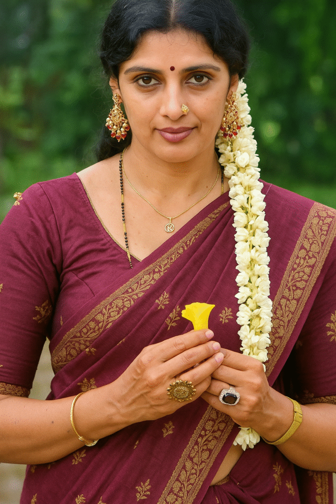 A medium close-up shot of an Indian woman, looking directly at the viewer with a thoughtful expression. She is wearing a deep blue sari with a wide gold and black patterned border and a matching blue blouse. Her dark hair is pulled back, with a long strand of white jasmine flowers draped over her right shoulder. She has a red bindi on her forehead and a small nose stud. Her lips are painted with a dark red or plum-colored lipstick. She is adorned with gold jewelry including a mangalsutra necklace, a delicate gold necklace with a small pendant, gold earrings with red accents, a thin gold bangle on her left wrist, and a gold watch on her right wrist. Her hands are clasped in front of her, holding a single bright yellow flower. On her left ring finger, she wears a large, ornate gold ring, and on her right ring finger, a large ring with a dark stone. The background is a softly blurred outdoor setting with green foliage.