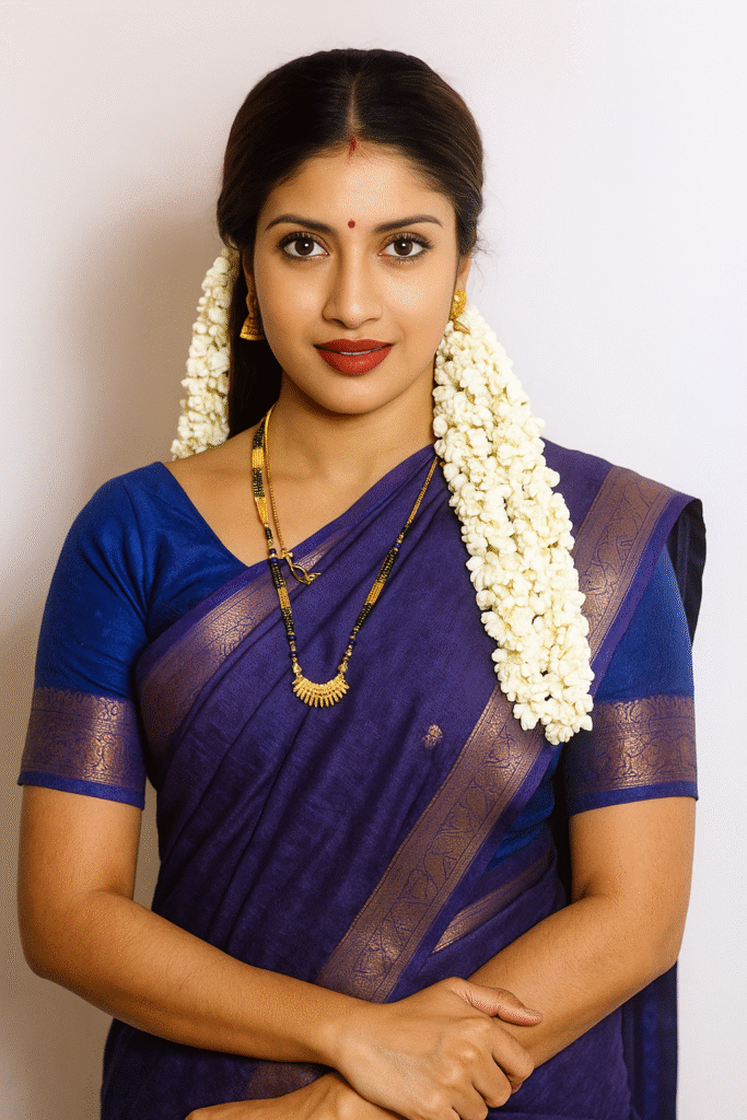 A young woman with dark hair parted in the middle and adorned with long strings of white jasmine flowers on both sides, framing her face. She is wearing a deep blue saree with a wide gold and black patterned border and a matching short-sleeved blouse. A red bindi is visible on her forehead, and her lips are painted a deep red. She has golden jhumka earrings and a long gold necklace with a black beaded chain. Her hands are clasped in front of her. She is looking directly at the viewer with a serene expression. The background is a plain light-colored wall.
