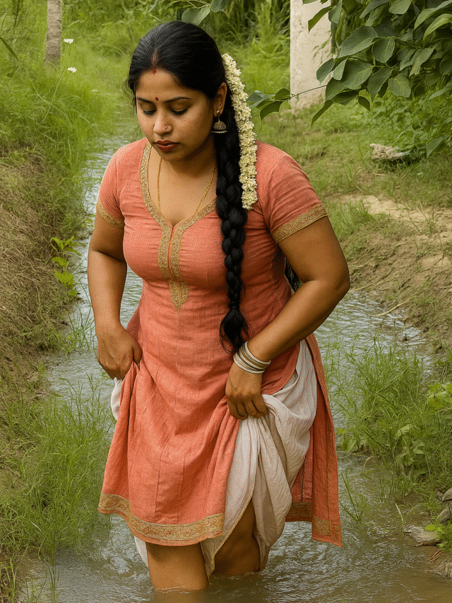 A woman with dark hair braided down her back, adorned with a white jasmine garland, is standing in a shallow stream. She is wearing a peach-colored kurti with gold embroidery around the neckline and a golden border along the hem, and she is holding up a white garment underneath her kurti. She has a red bindi on her forehead, a nose ring, and multiple silver bangles on her left wrist. Her eyes are cast downwards, and her expression is contemplative. The stream is surrounded by green grass and foliage, with a blurred structure in the background.