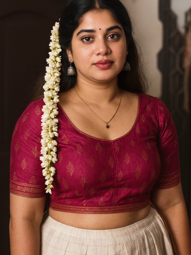 A headshot captures a woman looking directly at the viewer with a neutral expression. Her long, dark hair is styled with a long string of white jasmine flowers draped over her left shoulder. A small red bindi is on her forehead. She is wearing a rich maroon blouse with short sleeves and a rounded neckline, featuring a subtle gold pattern throughout and a golden patterned border along the hem. A delicate gold chain with a dark pendant hangs around her neck, and a silver jhumka earring is visible in her left ear. Below the blouse, she is wearing a light cream or off-white pleated skirt. The background is a softly blurred indoor setting, with a dark area on the left.
