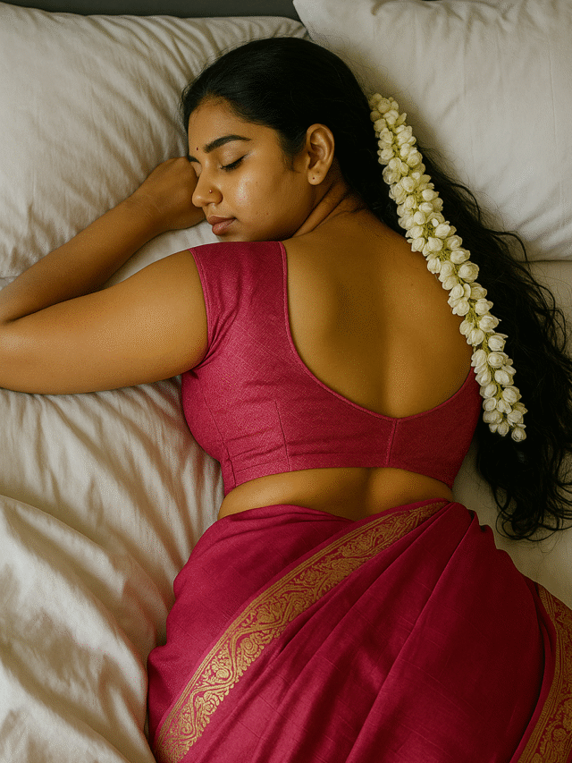 An overhead shot captures a woman lying on her side on a white bed with a white pillow, seen from the back and slightly from above. Her head is resting on the pillow, and her eyes are closed as if she is sleeping or relaxing. Her dark hair is spread out behind her, adorned with a long, thick string of white jasmine flowers. She is wearing a maroon-colored saree with a gold patterned border, partially covering her, and a matching short-sleeved blouse with a scoop neck at the back. Her right arm is extended above her head, resting on the pillow.