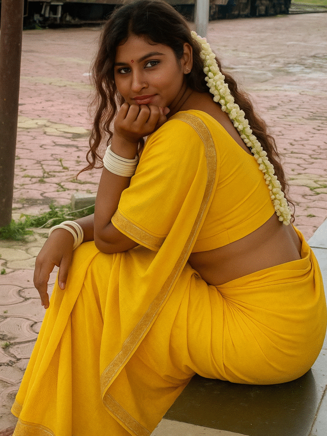 A young Indian woman sits on the ground, wearing a vibrant yellow saree. She has long, dark, curly hair adorned with a string of white flowers trailing down her back. Her right arm is bent, and her hand is resting on her chin, with white bangles adorning her wrist. She is looking towards the viewer with a slight smile. The background is a muted, light-colored paved area, possibly a platform, with some indistinct structures in the far background.