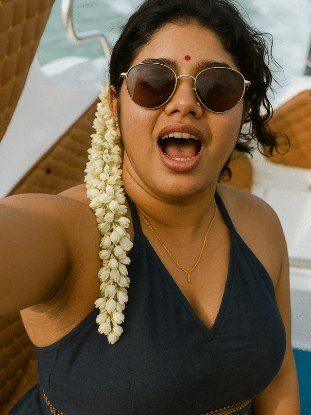 A woman with dark, curly hair and a red bindi on her forehead is captured in a close-up, lively shot, appearing to be outdoors on a boat. She is wearing large, round sunglasses and a dark-colored top with a halter neckline and what appears to be a gold embroidered trim. A delicate gold chain with a small pendant is visible around her neck. A long string of white jasmine flowers is tucked behind her left ear, draping down the side of her face and shoulder. Her mouth is open as if mid-sentence or mid-expression, and she is looking directly at the viewer. The background shows parts of a boat's interior, with a light-colored upholstered surface and what might be blue flooring.