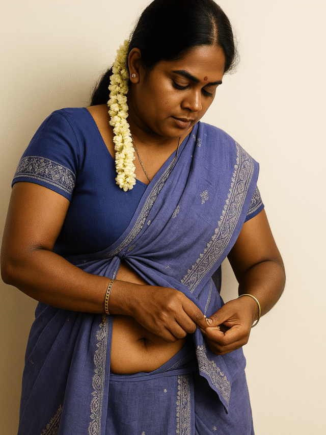 An Indian woman with a wide smile, wearing a traditional green saree with gold borders and a matching blouse. Her hair is adorned with a long garland of white jasmine flowers draped over her left shoulder. She is sitting with her hands resting on her knees, looking directly at the viewer. She wears gold earrings and a gold bangle on her right wrist, and a small tattoo is visible on her left wrist. A red bindi is on her forehead. The background features a light-colored wall and a dark wooden object.