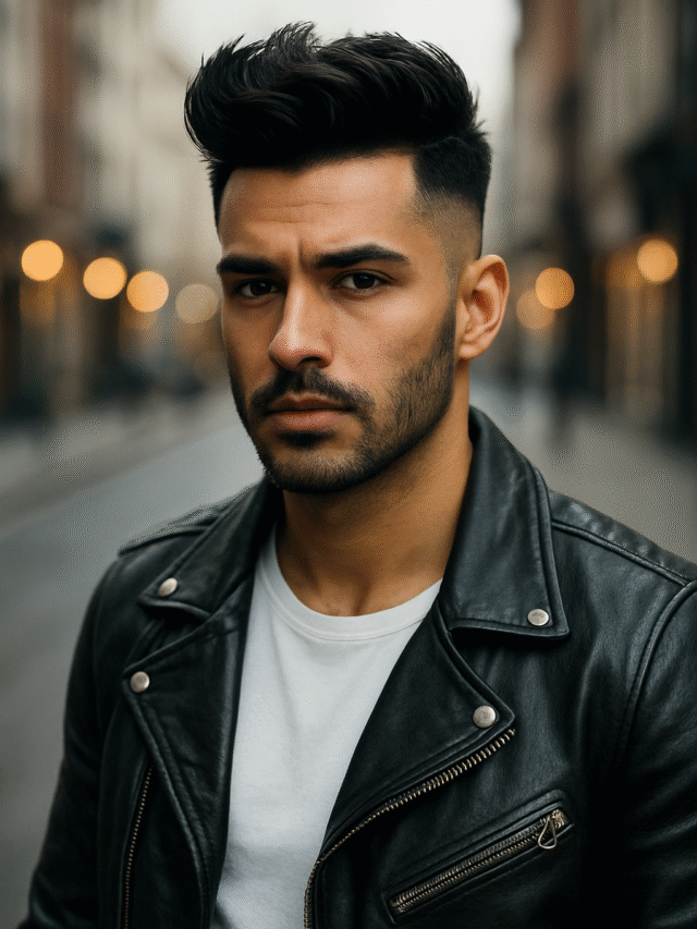 A medium shot of a man with dark, textured hair styled in a high quiff and faded sides, looking directly at the viewer with a serious and intense expression. He has a well-groomed short beard. He is wearing a black leather jacket with silver snaps and zippers over a plain white t-shirt. The background is a blurred street scene with warm, circular bokeh lights, suggesting an urban environment at dusk or night.