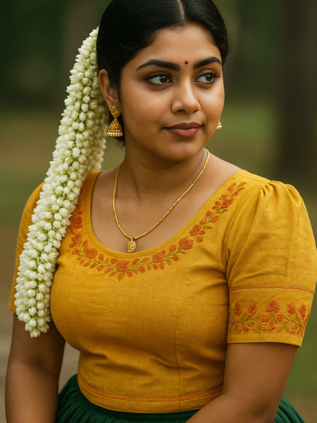 A young woman with dark hair pulled back and adorned with a long string of white jasmine flowers cascading down her left side. She is wearing a mustard yellow short-sleeved blouse with orange floral embroidery around the U-shaped neckline and on the sleeves. A small red bindi is visible on her forehead. She has golden jhumka earrings and a delicate gold chain with a circular pendant around her neck. Her left arm is slightly visible, showing a green bangle. She is looking to her right with a serene expression. The background is blurred green, suggesting foliage or an outdoor setting.