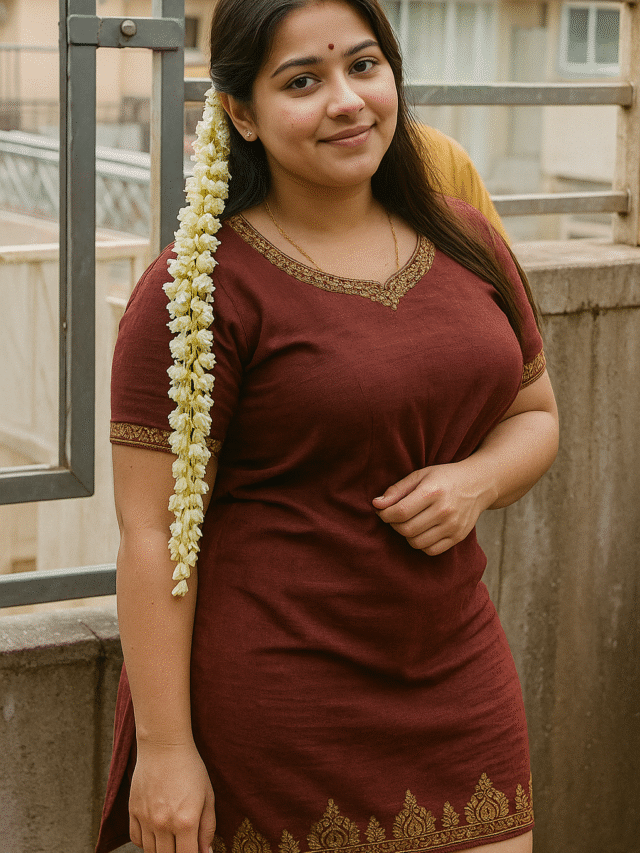 A medium shot captures a young woman with warm, soft lighting, highlighting her gentle expression as she smiles slightly, looking directly at the viewer. She has dark hair, parted on the side, with a long strand of white flowers cascading down the right side of her head, trailing past her shoulder. She is wearing a dark reddish-brown short dress or tunic with intricate gold embroidery along the V-neckline and the bottom hem. The embroidery features a repeating pattern of stylized floral or paisley motifs. Her left hand is subtly resting on her abdomen. The background is softly blurred, showing hints of a light-colored building or wall and a metal railing.
