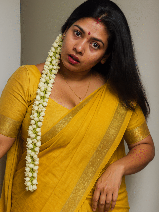 A woman with long, dark hair, wearing a mustard yellow saree with a dark green and floral patterned border. A long string of white jasmine flowers is tucked into her hair and hangs over her left shoulder. She has a small red bindi on her forehead and is wearing a black beaded necklace with a gold pendant, along with multiple layers of gold chains and gold earrings. She is looking directly at the camera with a serious expression.