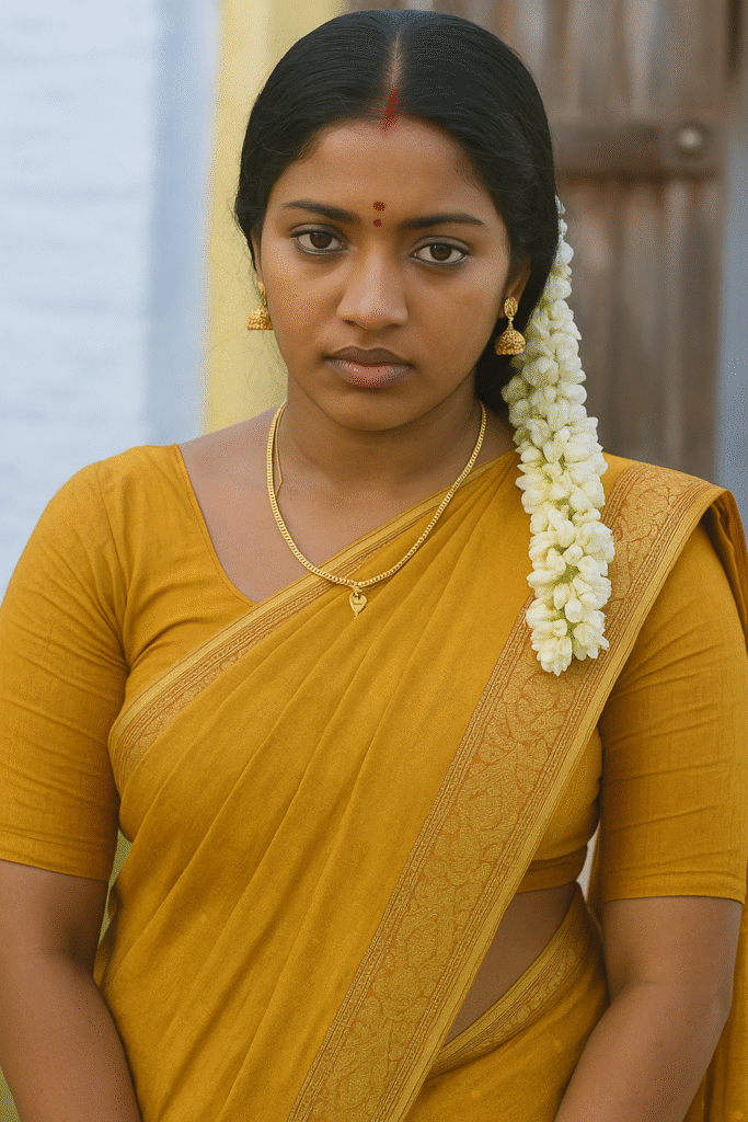 A young woman with dark hair parted in the middle and adorned with a long string of white jasmine flowers cascading down her left side. She is wearing a mustard yellow saree with a gold patterned border and a matching short-sleeved blouse. A small red bindi is visible on her forehead. She has golden jhumka earrings and a delicate gold chain with a small heart-shaped pendant. She is looking directly at the viewer with a neutral, slightly serious expression. The background is blurred and light-colored, suggesting an outdoor or natural setting.