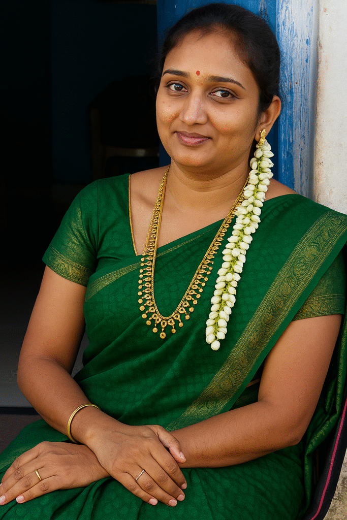 A woman with dark hair pulled back and adorned with a long string of white jasmine flowers, sits looking slightly to her left with a gentle smile. She is wearing a dark green saree with a gold border and a matching short-sleeved blouse. A red bindi is visible on her forehead, and she has a long gold necklace, a shorter gold necklace, and a small gold earring in her left ear. A slender gold bangle is visible on her left wrist, and rings are on both of her ring fingers. Her hands are clasped in her lap. The background is simple, with a dark blue vertical element to the left and a lighter background to the right, suggesting an indoor setting or a shaded area.