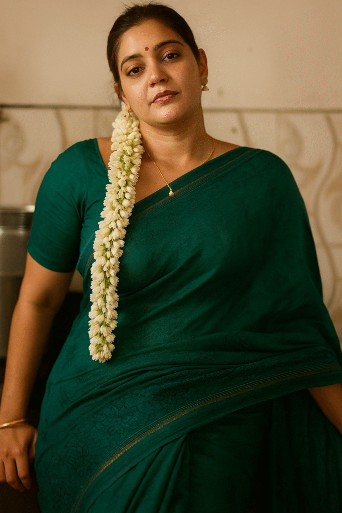 A medium shot of a woman with dark hair pulled back, wearing a deep green sari and a long, white garland of flowers draped over her left shoulder. She is looking directly at the viewer with a neutral expression. A delicate gold chain with a small pendant is visible around her neck, and a gold bangle is on her right wrist. The background is softly blurred, showing what appears to be an indoor setting with light-colored walls.