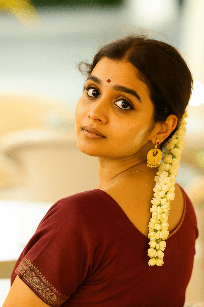 A medium close-up shot from behind a young Indian woman, looking over her left shoulder towards the viewer. She has dark hair pulled back, adorned with a long string of white flowers trailing down her back. She is wearing a maroon blouse with a gold-patterned border on the sleeve and large, circular gold earrings. A small red bindi is visible on her forehead. Her expression is calm, and her dark eyes are looking directly into the camera. The background is softly blurred with light, warm tones.