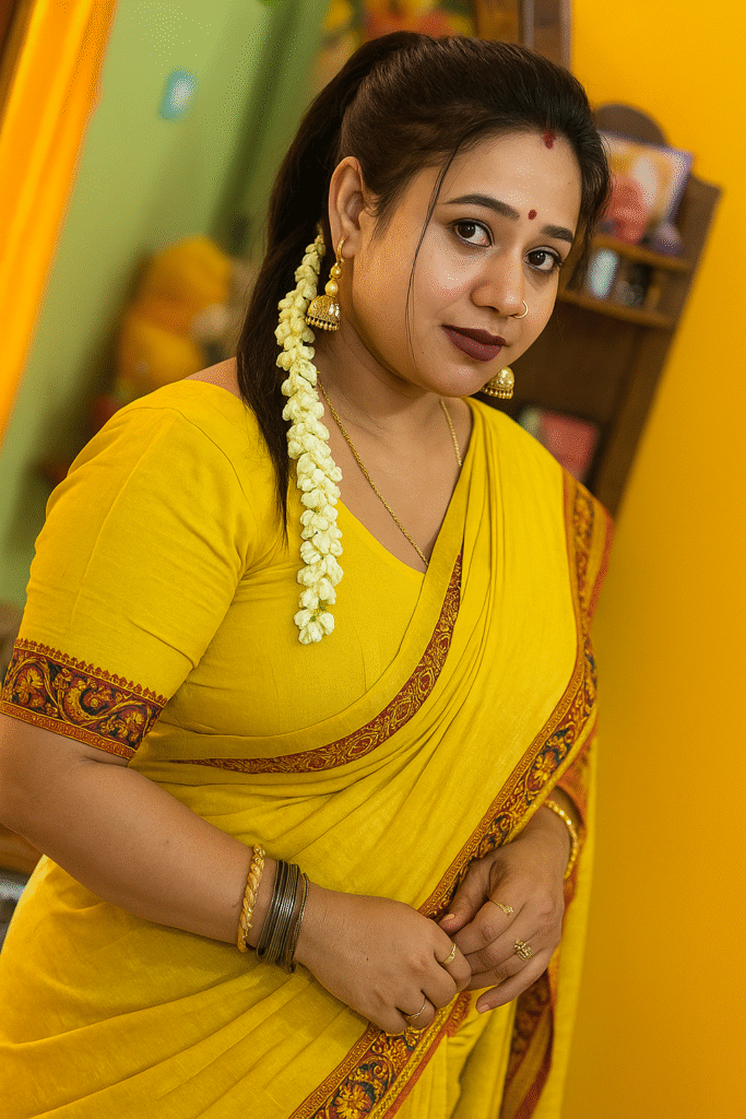 A medium close-up shot of an Indian woman, positioned slightly to her right, looking towards the viewer with a contemplative expression. She is wearing a bright yellow sari with a green and gold patterned border, and a matching yellow blouse. Her dark hair is pulled back in a ponytail, with a long string of white jasmine flowers draped over her left shoulder and down her back. She has a small red bindi on her forehead, a nose ring, and dark red lipstick. Large, silver-toned jhumka earrings dangle from her ears. On her left wrist, she wears several dark-colored bangles, and on her right hand, several gold rings are visible. The background is a blurred, warm yellow wall with some indistinct objects.