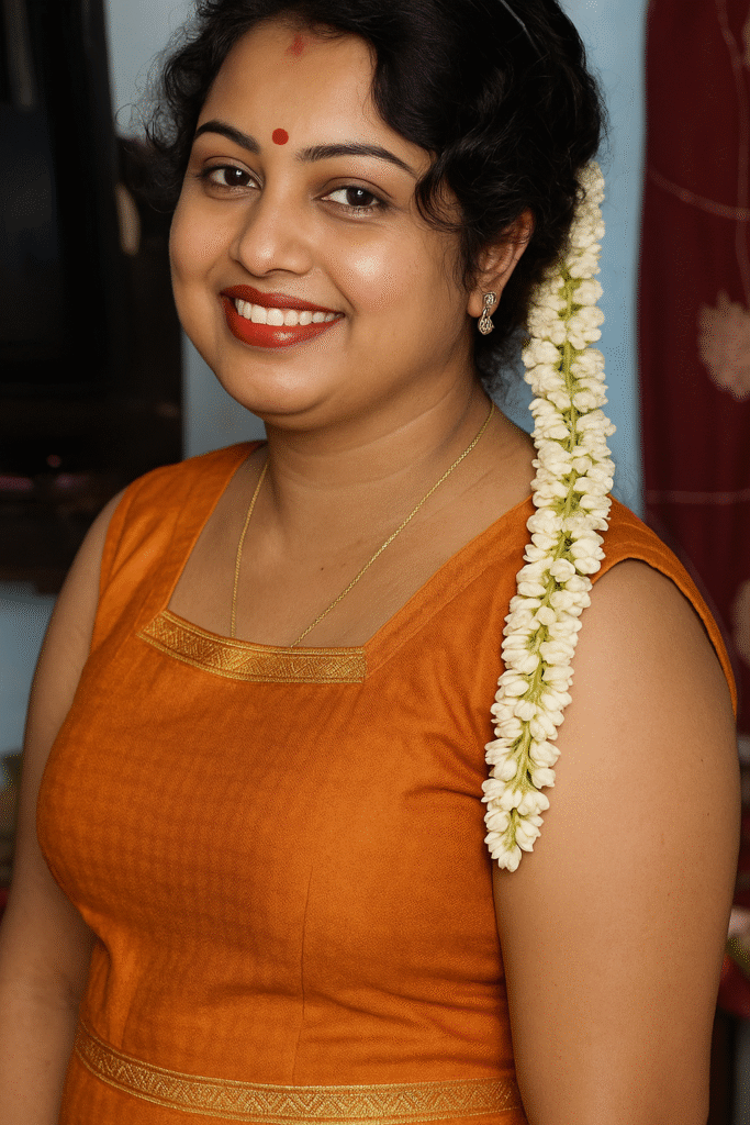 A close-up portrait of a smiling Indian woman, positioned slightly to her left, looking towards the viewer. She has dark, curly hair with a long string of white jasmine flowers draped over her left shoulder. She is wearing an orange or rust-colored sleeveless top with a gold-patterned border along the square neckline and waistline. A thin gold chain is visible around her neck, and she has small, silver-toned earrings. A bright red bindi is on her forehead, and her lips are painted with red lipstick. Her smile reveals white teeth. The background is a blurred, light-colored wall.