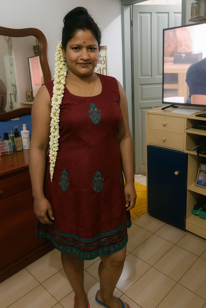 A full-body shot of an Indian woman standing indoors, looking directly at the viewer with a slight smile. She has dark hair pulled up, with a long strand of white flowers (likely jasmine) draped over her left shoulder, extending down to her waist. She is wearing a sleeveless, knee-length maroon dress with teal embroidered patterns on the front and a teal border along the hem. A small red bindi is on her forehead, and she wears a simple gold necklace and what appear to be light-colored flip-flops. The background shows a room with tiled floors, a wooden dresser with a mirror, bottles, and a television on a stand.