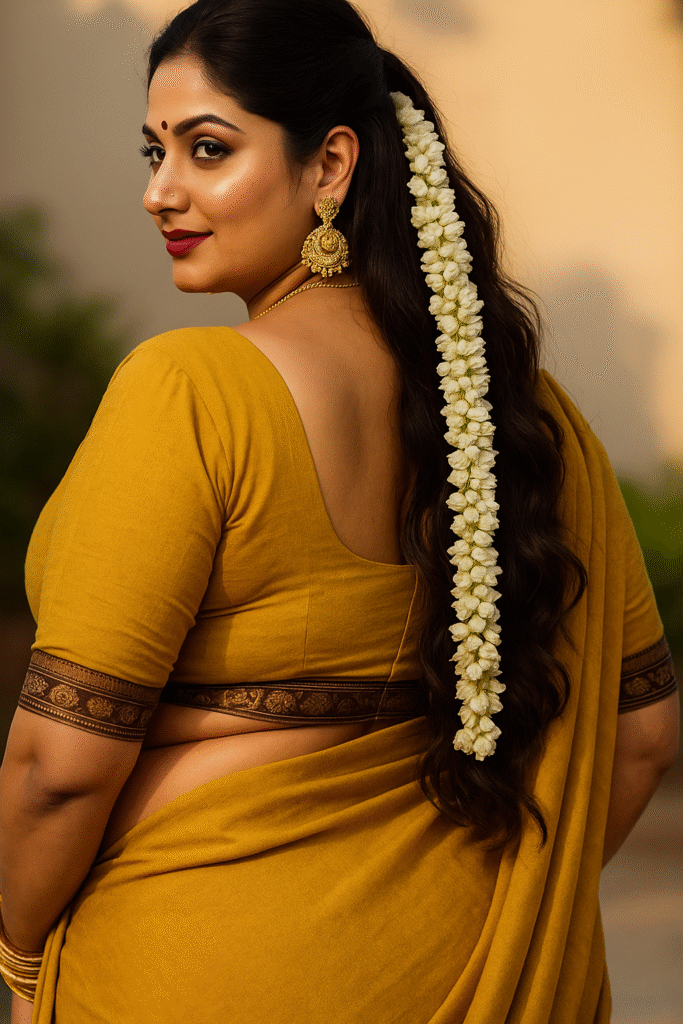A medium close-up shot of an Indian woman from the back, looking over her left shoulder towards the viewer. She is wearing a mustard yellow sari with a dark brown and gold patterned border. Her long, dark, wavy hair is partially pulled back, and a long garland of white jasmine flowers is intertwined with it, extending down her back. She is wearing large, ornate gold jhumka earrings and has red lipstick and dark eye makeup visible as she looks back. The background is blurred, showing a warm, light-colored outdoor setting.