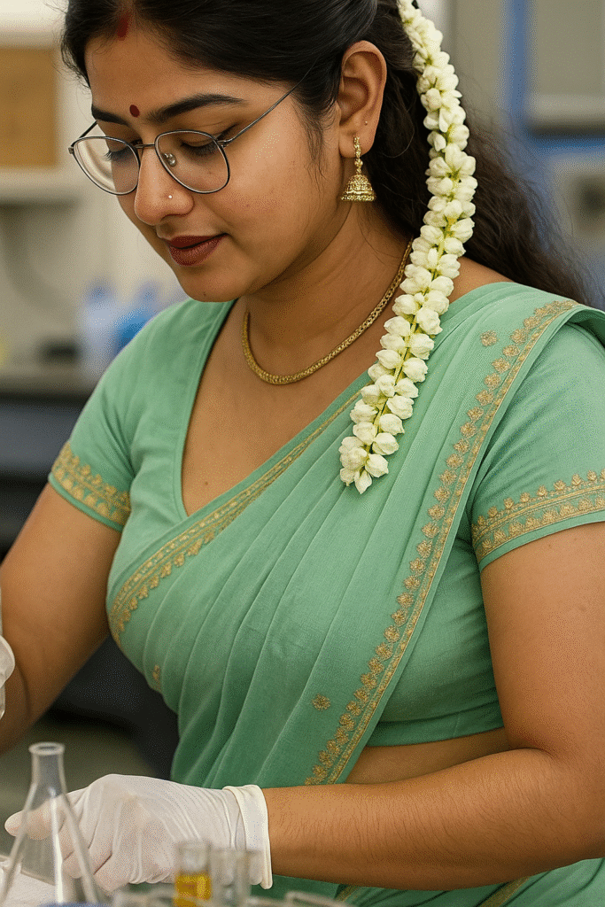 A medium close-up shot of a young Indian woman from the chest up, positioned slightly to her right, looking downwards and to her left, seemingly engaged in a task. She is wearing a light green sari with gold embroidery on the border and sleeves, a gold chain, and gold jhumka earrings. A strand of white flowers is braided into her dark hair, trailing down her left side. She wears glasses and has a small red bindi on her forehead and a nose stud. White gloves are visible on her hands, and laboratory glassware can be seen in the blurred foreground, suggesting she is in a lab setting.