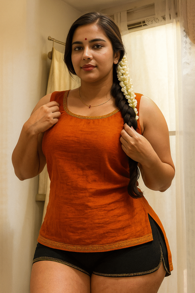 A medium shot captures a young woman standing indoors, looking directly at the viewer with a neutral expression. Her long, dark hair is styled in a thick braid that falls over her left shoulder, adorned with a string of white flowers woven into it. A small red bindi is visible on her forehead, and she wears a delicate gold chain with a small red pendant. She is wearing a sleeveless, rust-orange top with a rounded neckline, featuring a subtle gold embroidered border around the neck and the bottom hem. The embroidery on the bottom hem shows a delicate, repeating pattern. She is also wearing black shorts, which are visible beneath the top, and there is a slit on the side of her top near her hip. Her hands are near her shoulders, lightly touching her hair. The background is softly blurred, showing light-colored curtains or fabric.