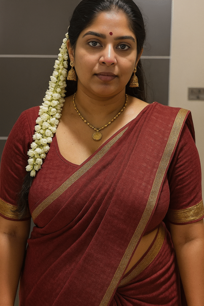 A woman with dark hair pulled back and adorned with a long string of white jasmine flowers cascading down her left side. She is wearing a maroon-red saree with a gold border and a matching short-sleeved blouse with a V-neckline. A red bindi is visible on her forehead. She has golden jhumka earrings and a short gold necklace with a coin pendant. Her expression is neutral as she looks directly at the viewer. The background is a simple, light-colored wall.