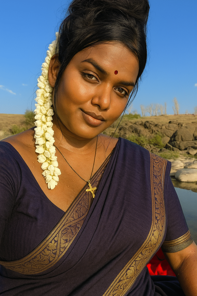 A close-up portrait of a woman looking directly at the viewer with a gentle, serene smile. She has dark skin and dark hair styled in an updo, with a long string of white flowers woven into the left side of her hair, cascading over her shoulder. A small red bindi is visible on her forehead. She is wearing a dark blue saree draped over a matching blouse with short sleeves, both featuring gold intricate patterns along the borders. A delicate dark necklace with a gold cross-shaped pendant rests on her chest. The background is blurred but suggests an outdoor setting with water and rocky terrain, under a bright blue sky.