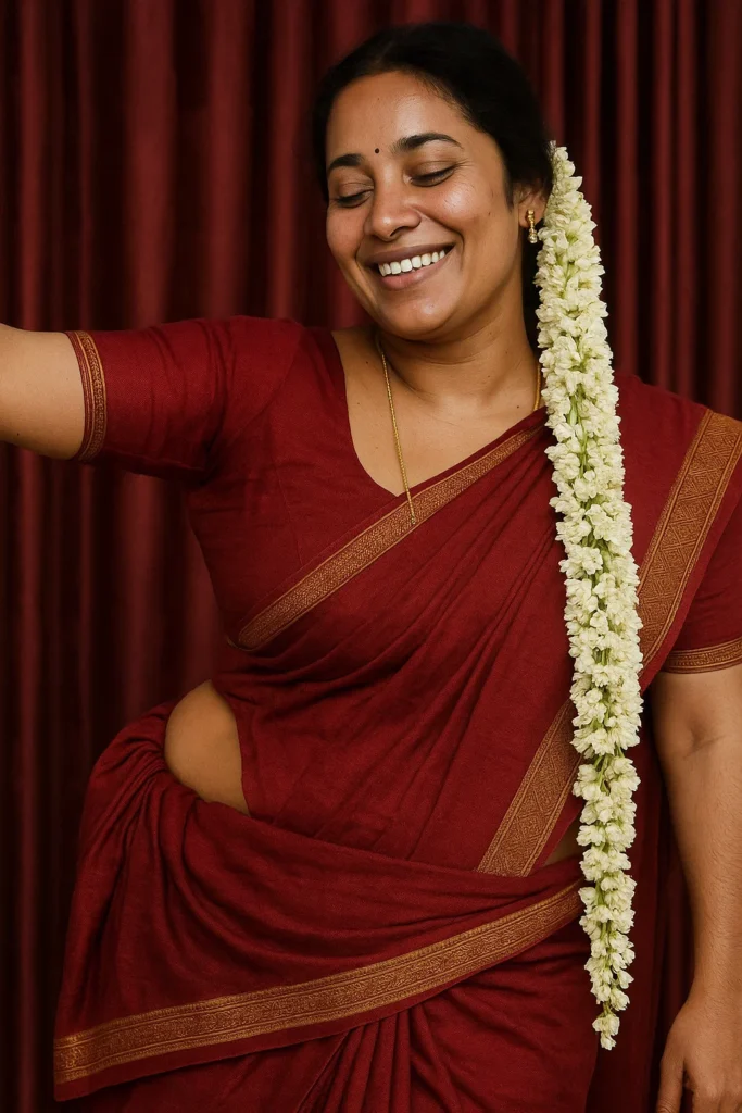  smiling woman with dark hair, wearing a deep red saree with a subtle gold border. She has her eyes closed and is looking down and to her right, with a wide, joyful smile. A long, thick string of white jasmine flowers is draped over her right shoulder and hangs down to her waist. She has a bindi on her forehead and is wearing a delicate gold chain and small gold earrings. Her left hand is subtly holding the folds of her saree at her waist. The background is a soft, deep red curtain.