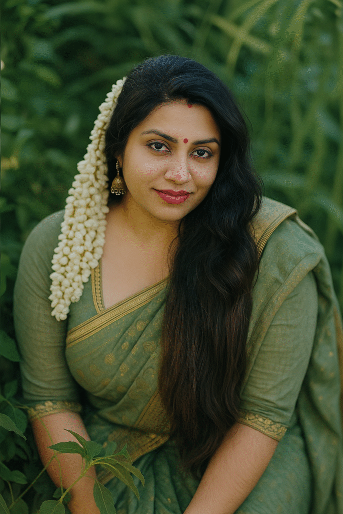 A medium close-up shot of an Indian woman, positioned slightly to her left, looking towards the viewer with a gentle smile. She is wearing a sage green sari with a gold patterned border and small gold motifs, along with a matching elbow-length sleeve blouse. Her long, dark, wavy hair is loose, with a long string of white jasmine flowers draped over her left shoulder. She has a small red bindi on her forehead and red lipstick. She is wearing gold jhumka earrings. The background is a softly blurred outdoor setting with lush green foliage, suggesting a natural environment.