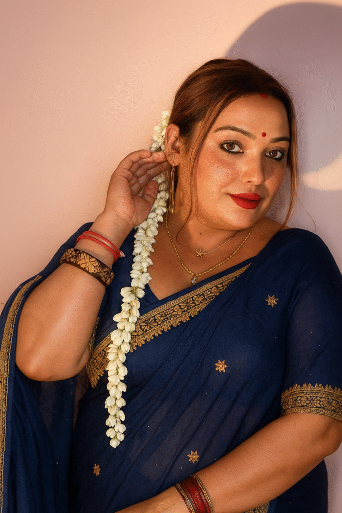 A medium close-up shot of an Indian woman, positioned slightly to her right, looking towards the viewer with a slight smile. She is wearing a deep blue sari with a gold embroidered border and small gold motifs. Her light brown hair is pulled back, with a long strand of white jasmine flowers draped over her left shoulder. She has bold red lipstick, dark eyeliner, and a red bindi on her forehead. She is wearing a delicate gold chain with a small pendant and thin gold loop earrings. Her left hand is raised to her ear, and on her left wrist, she wears several red bangles and a broad, dark bangle with gold patterns. On her right wrist, a single dark red bangle is visible. The background is a plain, light-colored wall.