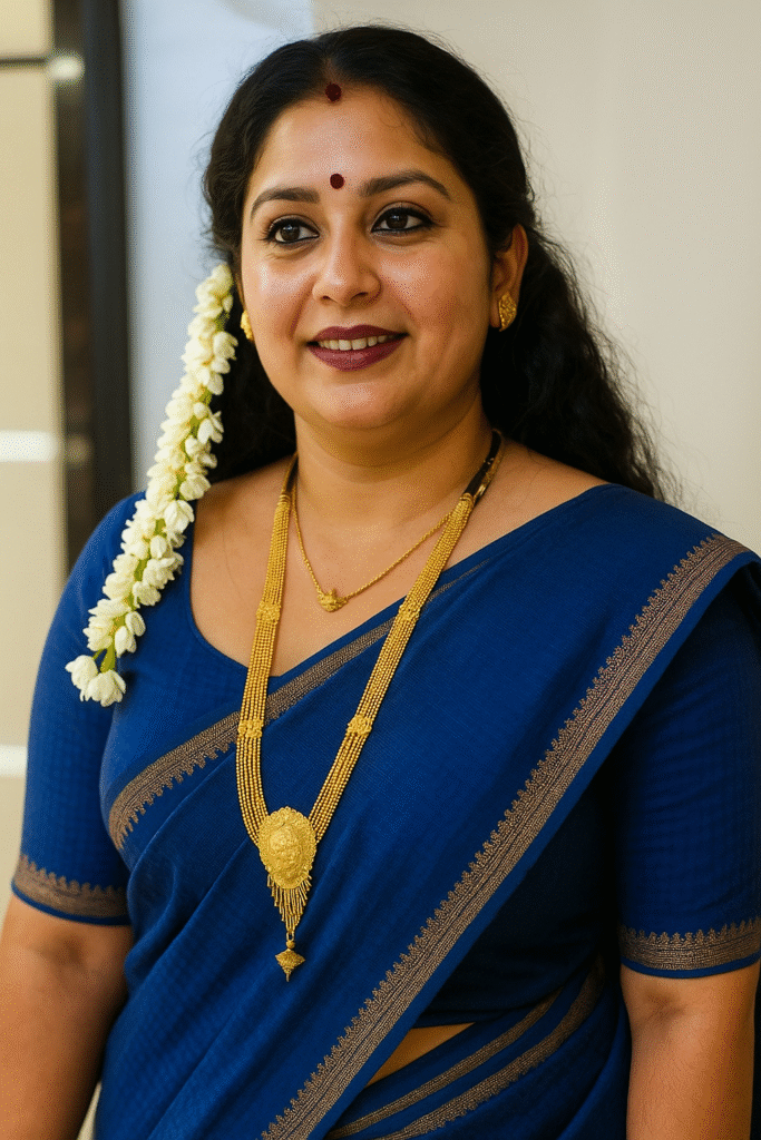A medium close-up portrait of an Indian woman, positioned slightly to her right, looking upwards and to her right with a gentle smile. She is wearing a deep blue sari with a subtle patterned border and a matching blouse. Her dark hair is loose, with a long strand of white jasmine flowers draped over her left shoulder. She is adorned with several gold necklaces, including a long, elaborate one with a large pendant, and a shorter, simpler one. Small gold earrings are visible. A small red bindi is on her forehead, and her lips are painted with a dark reddish-purple lipstick. The background is a softly blurred, light-colored indoor setting.