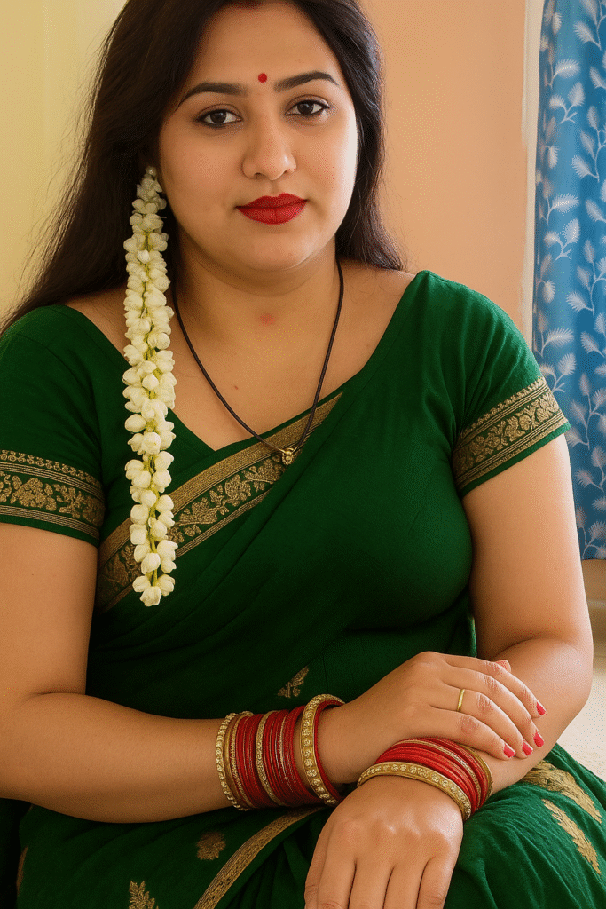 A medium close-up shot of an Indian woman, looking towards the viewer with a neutral expression. She is wearing a deep green sari with a gold and black patterned border and a matching green blouse. Her dark hair is loose, with a long strand of white jasmine flowers draped over her left shoulder. She has bright red lipstick and a small red bindi on her forehead. She is wearing a dark beaded necklace with a small gold pendant, and several red and gold bangles on both wrists. On her left ring finger, a gold ring is visible. Her hands are clasped in front of her. The background is a softly blurred indoor setting with a light-colored wall and a glimpse of a blue patterned curtain.