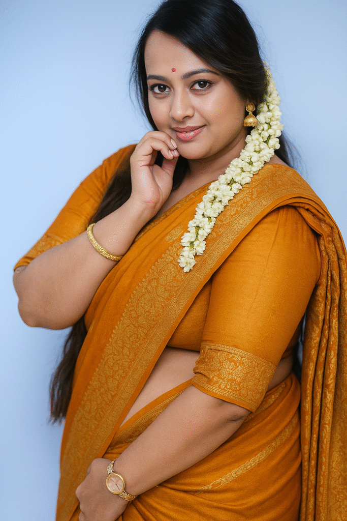 A medium close-up shot of an Indian woman, looking towards the viewer with a slight smile. She is wearing a mustard yellow sari with a gold patterned border and a matching elbow-length sleeve blouse. Her long, dark hair is loose over her left shoulder, with a long strand of white jasmine flowers draped from behind her right ear. She has a small red bindi on her forehead. She is wearing gold jhumka earrings, a gold bangle on her right wrist, and a gold watch with a circular face on her left wrist. Her right hand is raised, with a finger touching her chin. The background is a plain, light blue wall.
