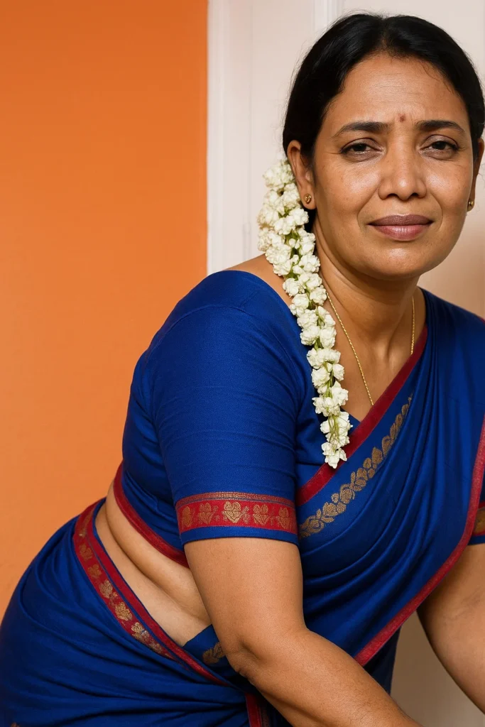 A woman with dark hair pulled back, wearing a royal blue saree with a red and gold border. She has a red bindi on her forehead and a light gold chain around her neck. A string of white jasmine flowers is tucked into her hair and draped over her right shoulder. She is looking directly at the camera with a subtle smile. The background is a plain orange wall on the left and a light-colored wall or doorframe on the right.